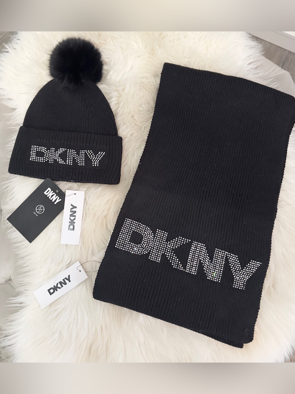 DKNY Black Knit Faux Fur Pom Pom Hat & Rhinestone Logo Scarf ($130) NEW!